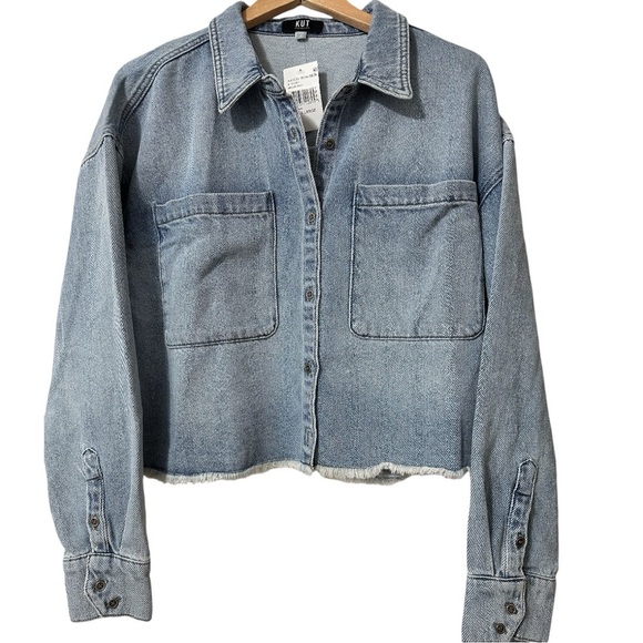 KUT from the Kloth NWT Stormi Raw Hem Medium Wash Crop Denim Shirt Jacket - Picture 3 of 14